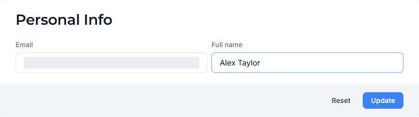 An example name change in Account settings; the account email is hidden for privacy.