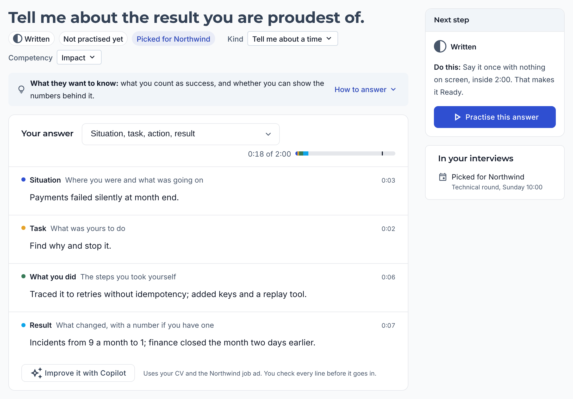 A sample answer in the editor: the tags say Written, Your answer follows Situation, task, action, result with each part written, the time says how long it takes to say, and Next step says what makes it Ready.