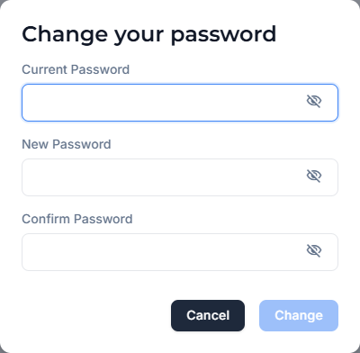 The password-change form requires the current password and matching new-password fields.