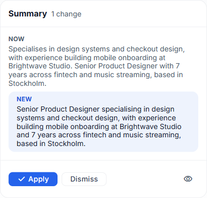 A sample summary suggestion showing the current and the new text, with Apply, Dismiss and Review controls.