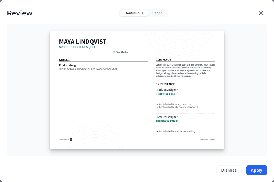 Review a proposed sample draft as a page before applying or dismissing it.