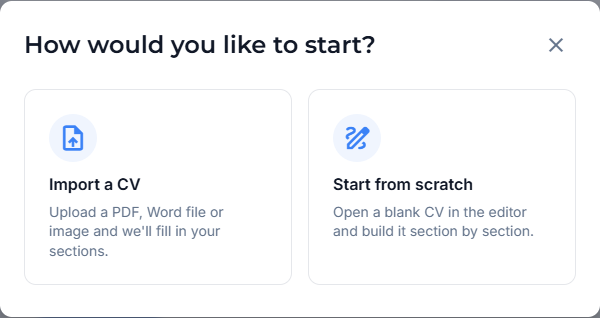 The shared document-creation dialog offers import and a blank starting point.