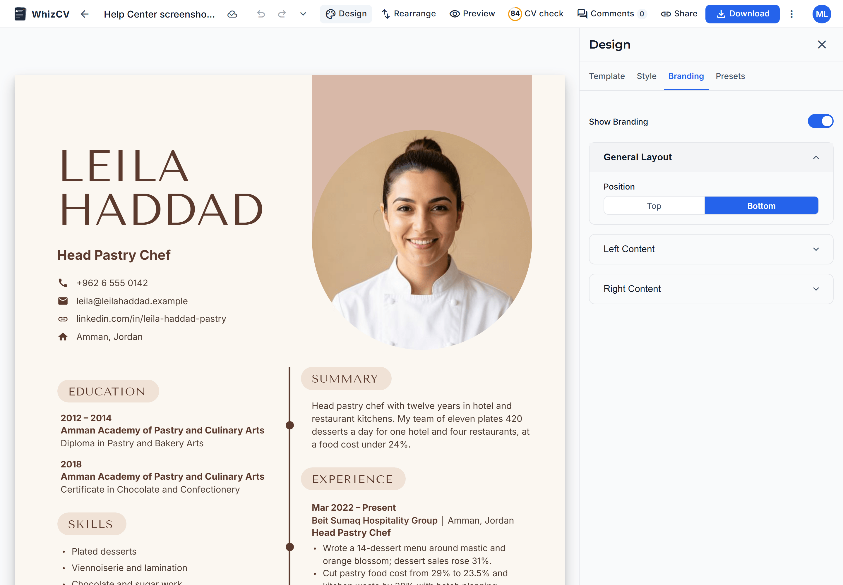 The Branding tab for the sample document.