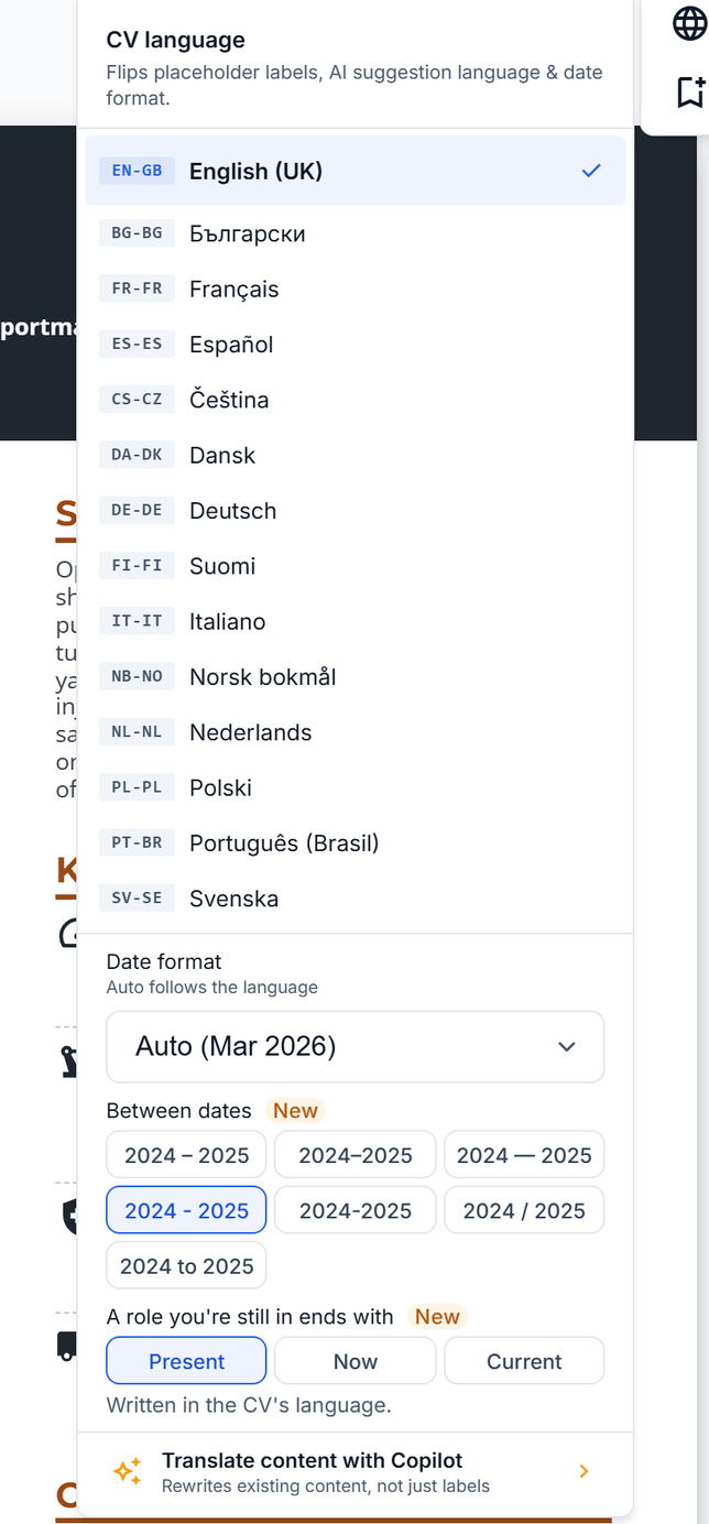 Document language, date format and content translation are separate controls.
