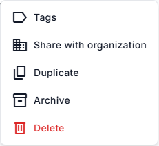 The document menu includes organization sharing, duplication and archiving.