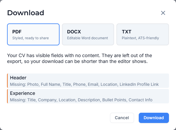 Download dialog showing PDF, DOCX and TXT choices, with a warning that empty fields in this sample CV will be omitted.