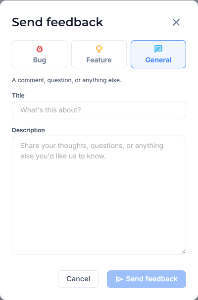 Choose a feedback category and describe the issue before sending.