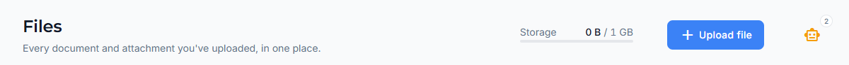 Files provides an upload action and your current storage usage.