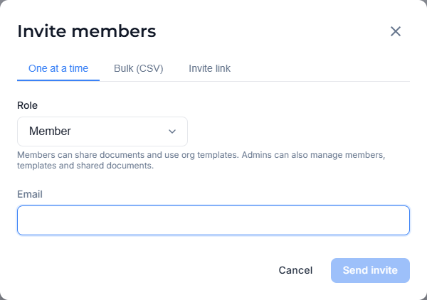 Prepare individual or bulk invitations and review the role before sending.