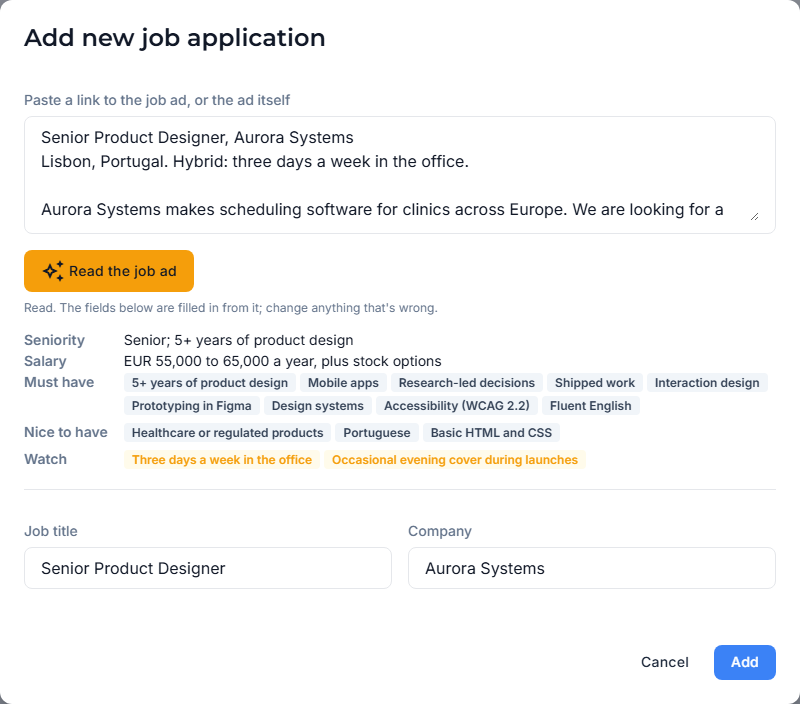 A sample job ad pasted into a new job application after it was read, with the seniority, salary, must-haves, nice-to-haves, things to watch, job title and company filled in.