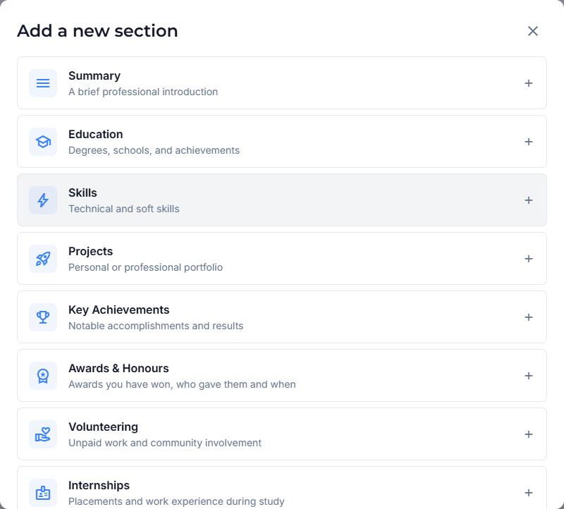 Choose a section to add from the available section types.