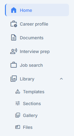 The desktop sidebar lists Home, Career profile, Documents, Interview prep, Job search and the Library group of templates, sections, gallery and files.