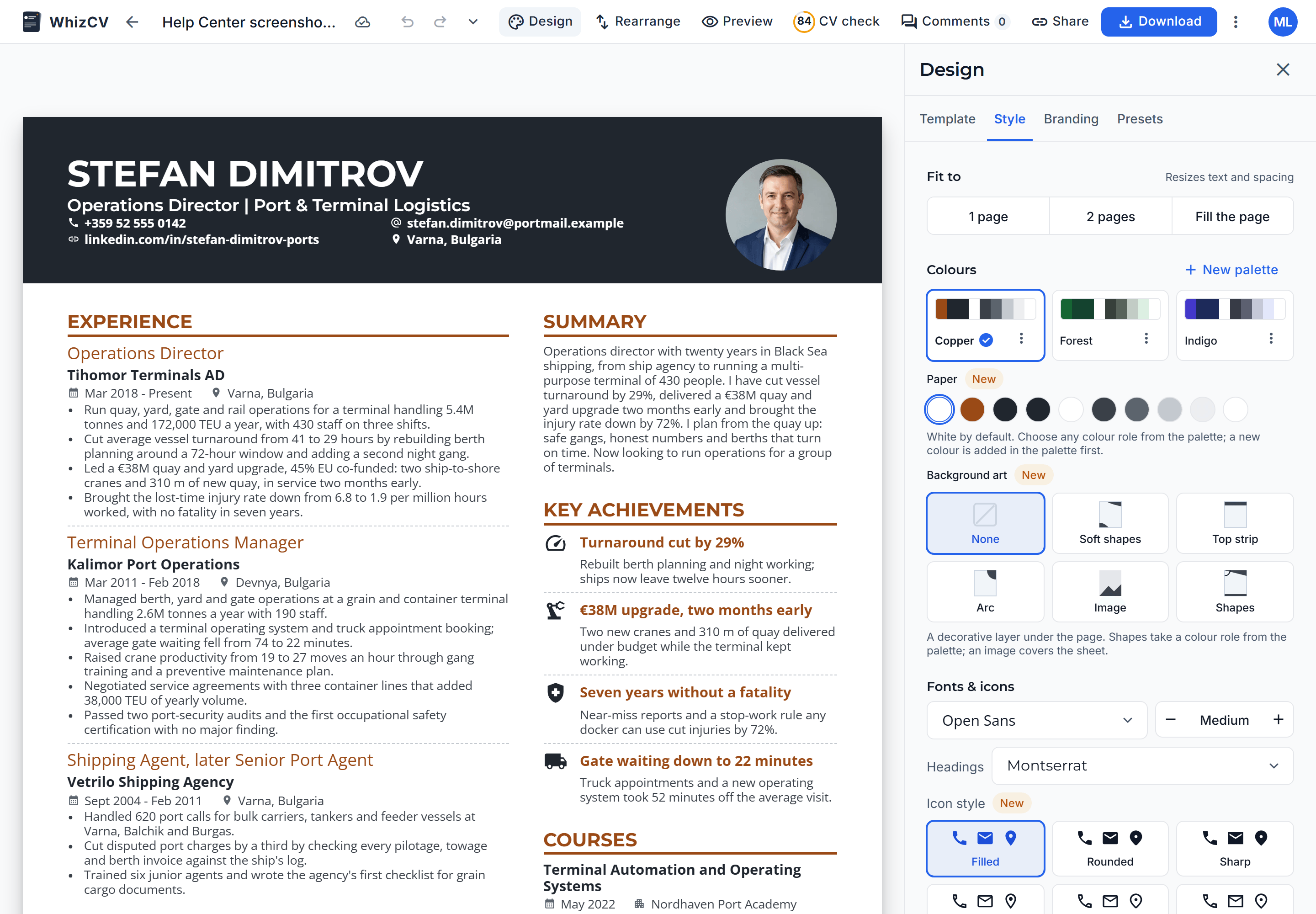 The Style tab in Design starts with page fit, colours and fonts; layout and spacing follow below.